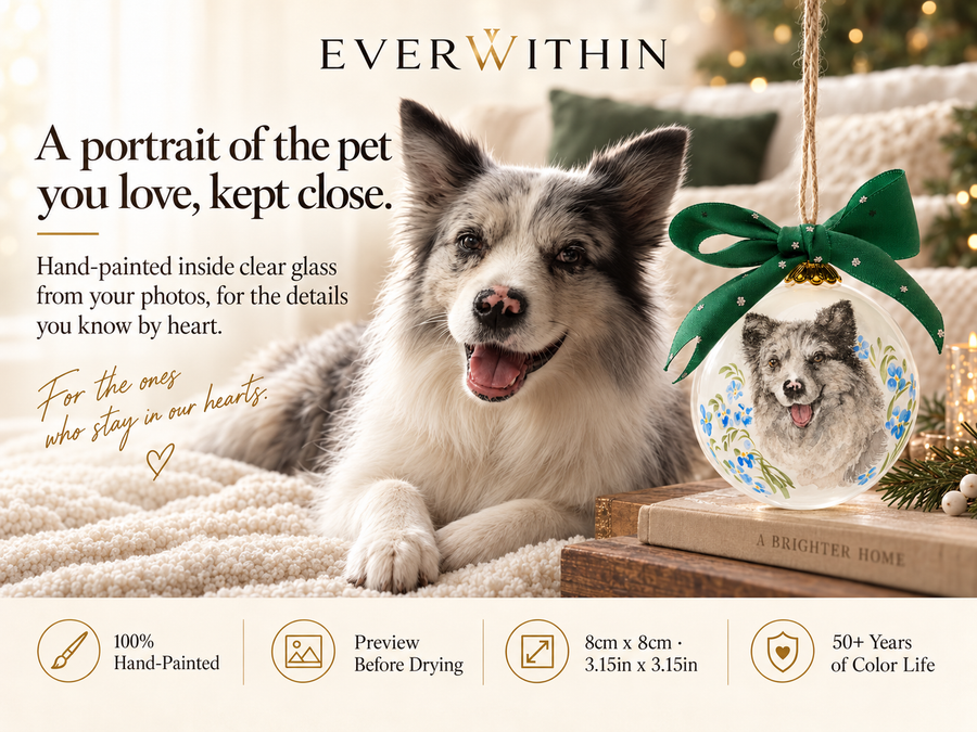 Custom inside-painted pet portrait ornament displayed as a memorial keepsake