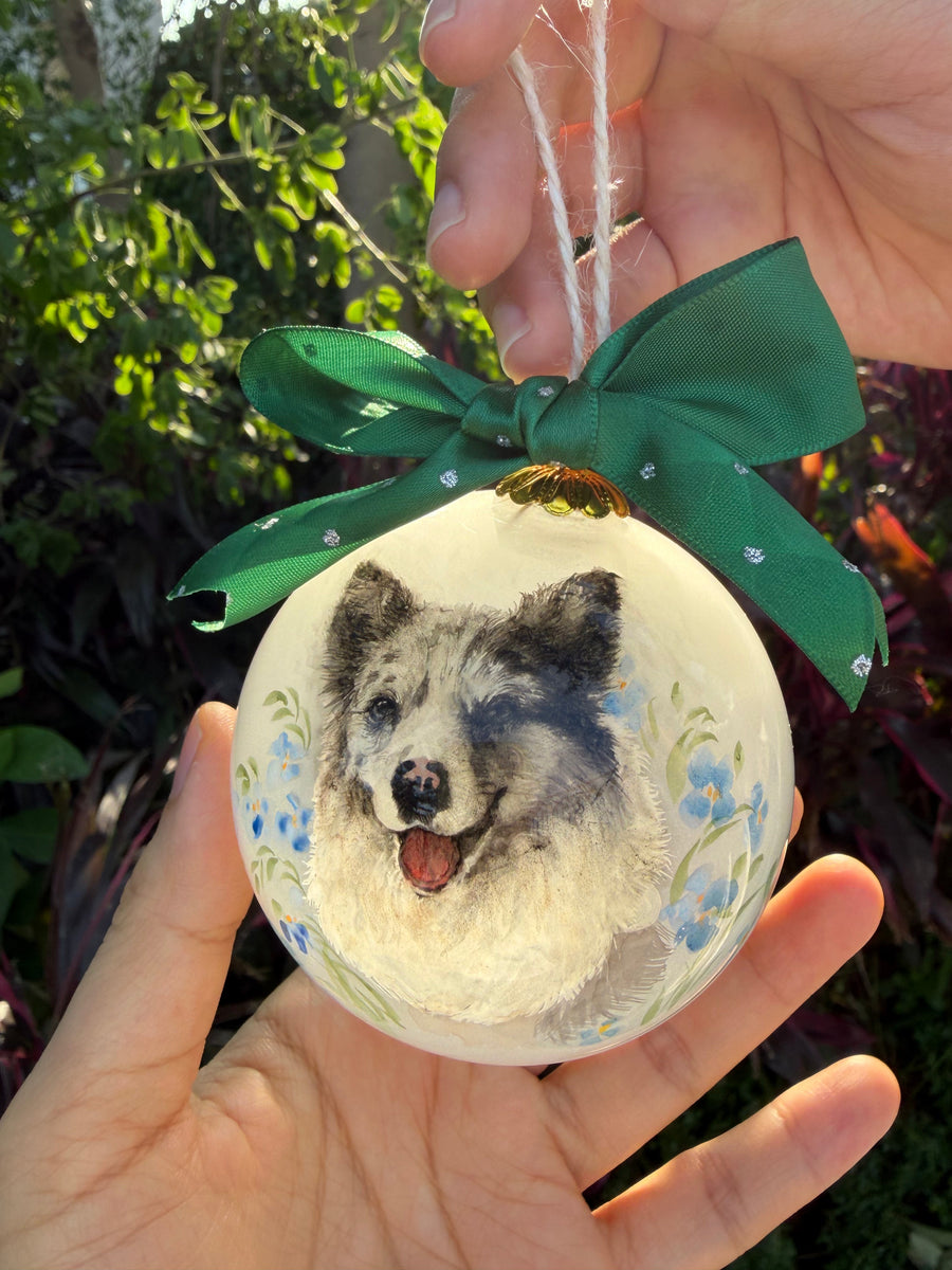 Custom glass pet portrait ornament with hand-painted pet portrait inside