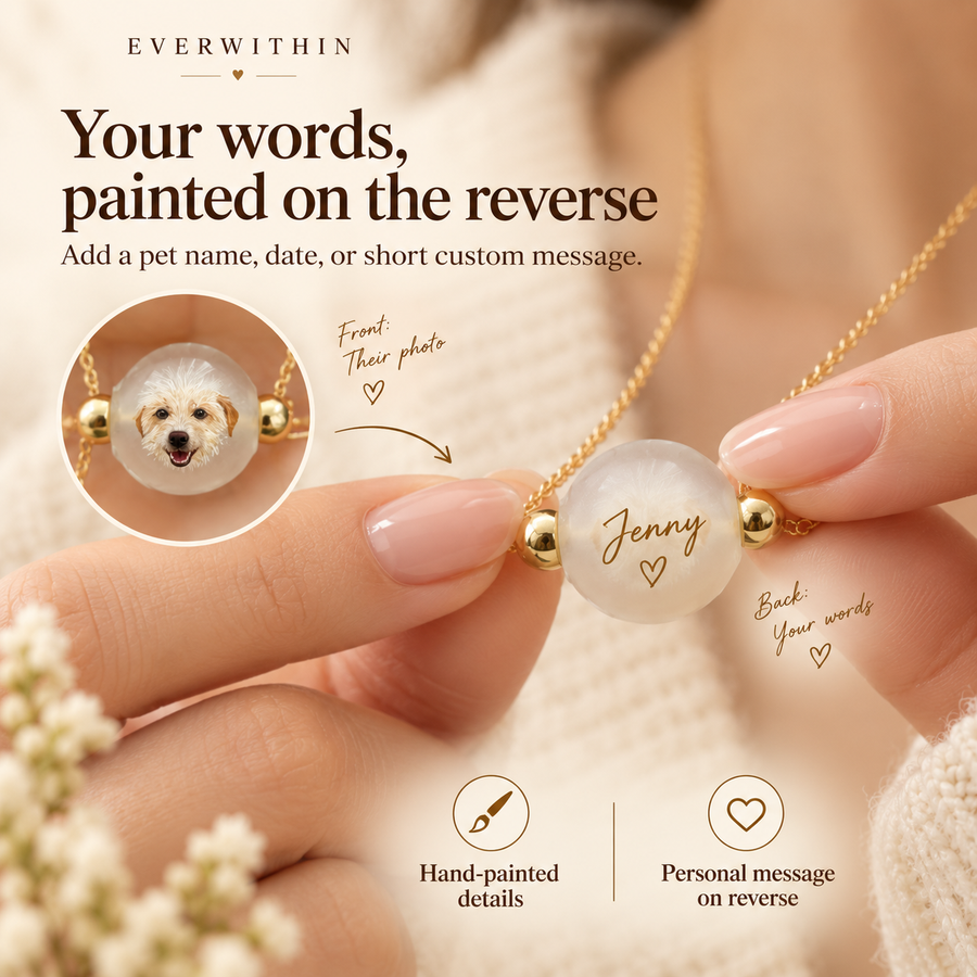 Personalized reverse of a custom inside-painted pet portrait necklace