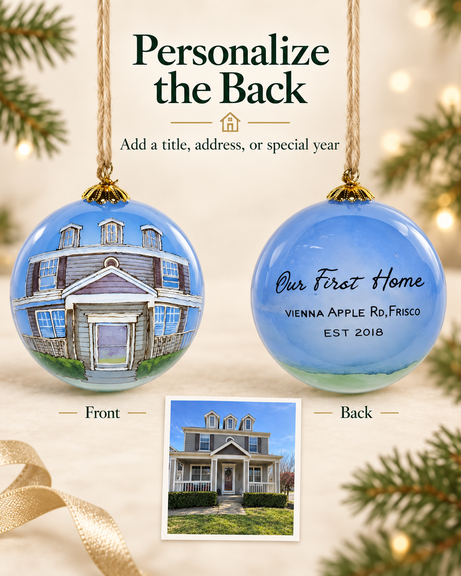 Personalized back of a custom house portrait glass ornament