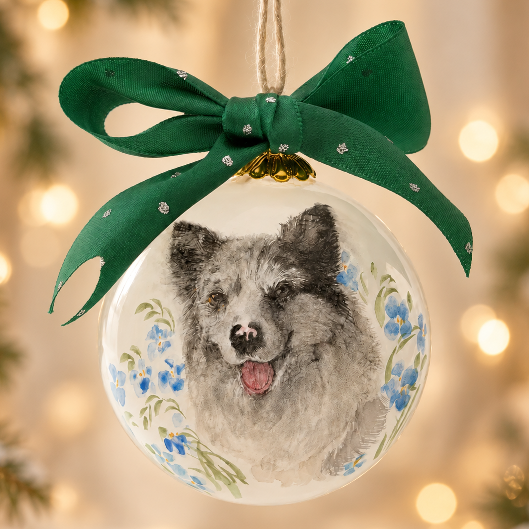 Inside-painted custom pet portrait glass ornament made from a reference photo