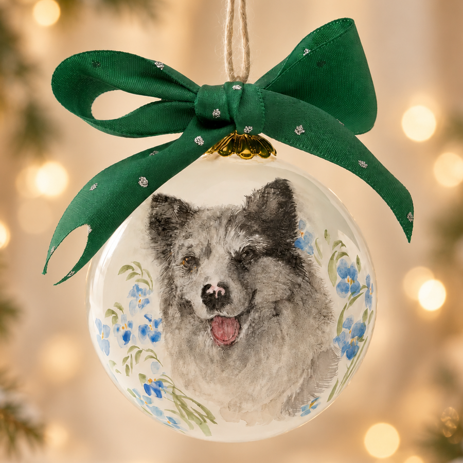 Inside-painted custom pet portrait glass ornament made from a reference photo