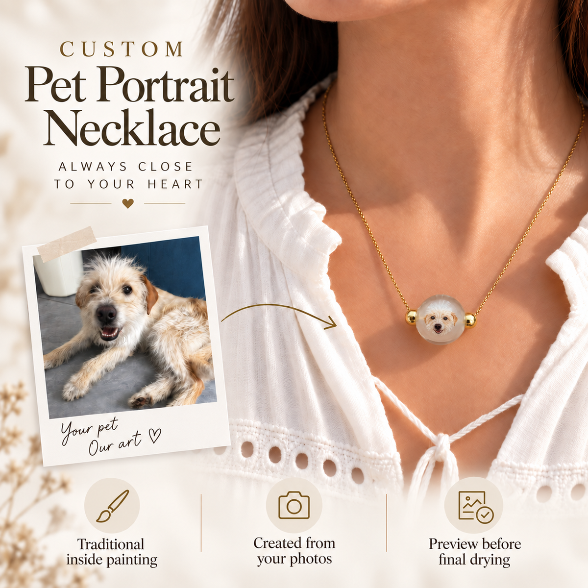 Dog reference photo beside a pet portrait necklace worn with a white blouse