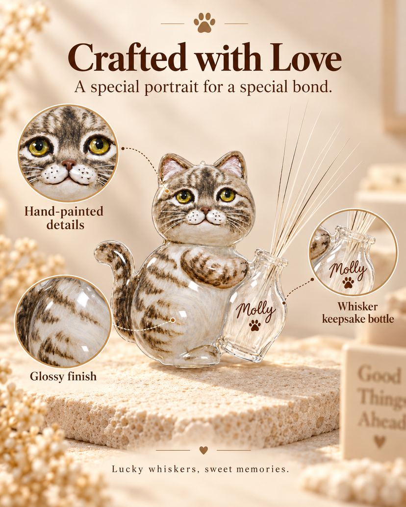 Personalized acrylic cat portrait magnet and small keepsake bottle