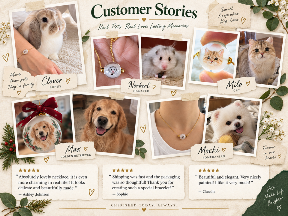 Customer keepsake photos and reviews shown in the image. Ashley Johnson describes the necklace as lovely, delicate and beautifully made. Sophie praises fast shipping, thoughtful packaging and the special bracelet. Claudia calls the painting beautiful and elegant.