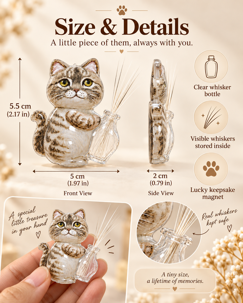 Front and side views of the acrylic cat magnet, measuring about 5.5 by 5 by 2cm