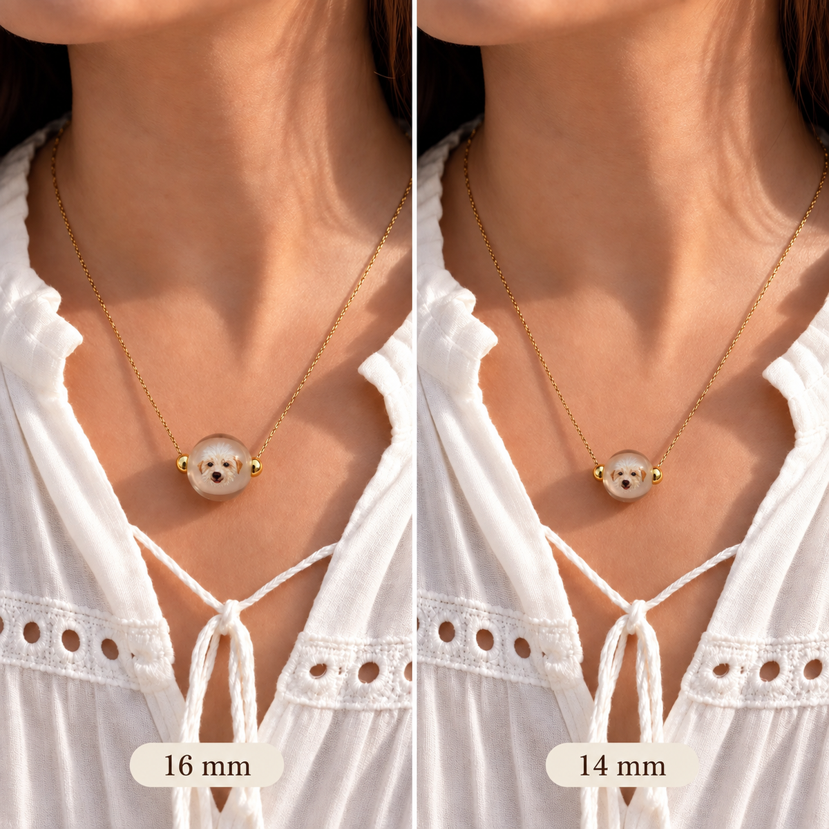 Side-by-side 16mm and 14mm pet portrait necklaces worn with a white blouse