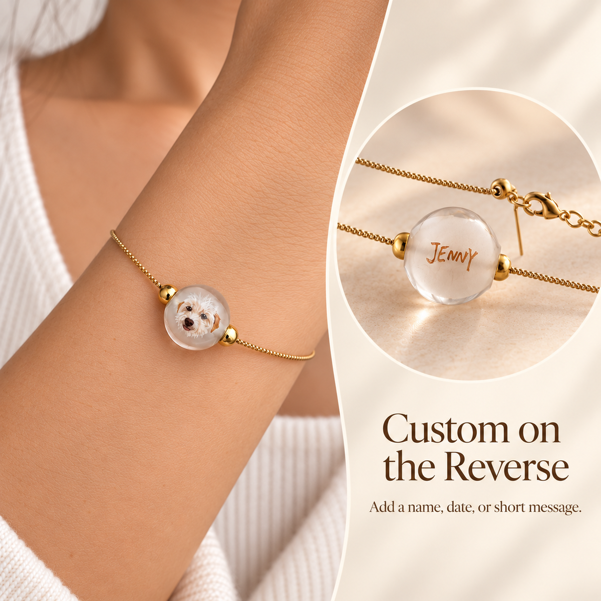 Pet portrait bracelet on a wrist beside its reverse personalized with Jenny