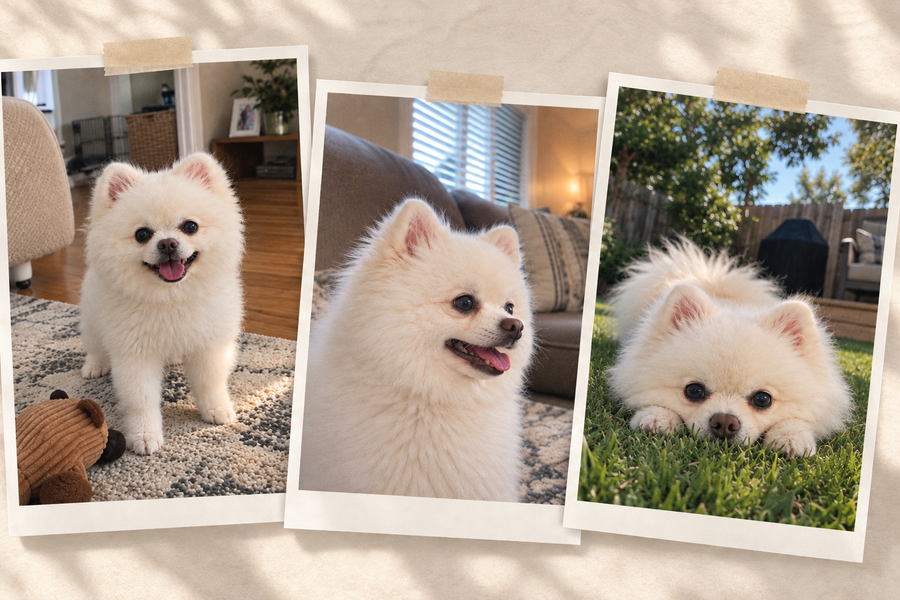 Three reference photos showing a white Pomeranian from different angles