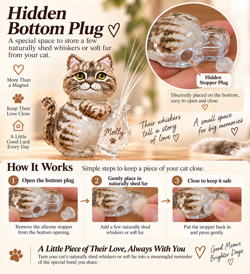 Removable bottom stopper on the acrylic cat whisker and fur holder magnet
