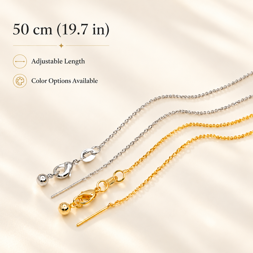Adjustable necklace chains in gold and silver colors, up to 50cm or 19.7 inches long.