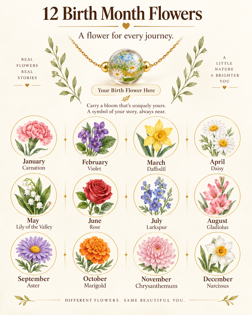 Guide to the twelve birth month flowers, from January carnation to December narcissus.