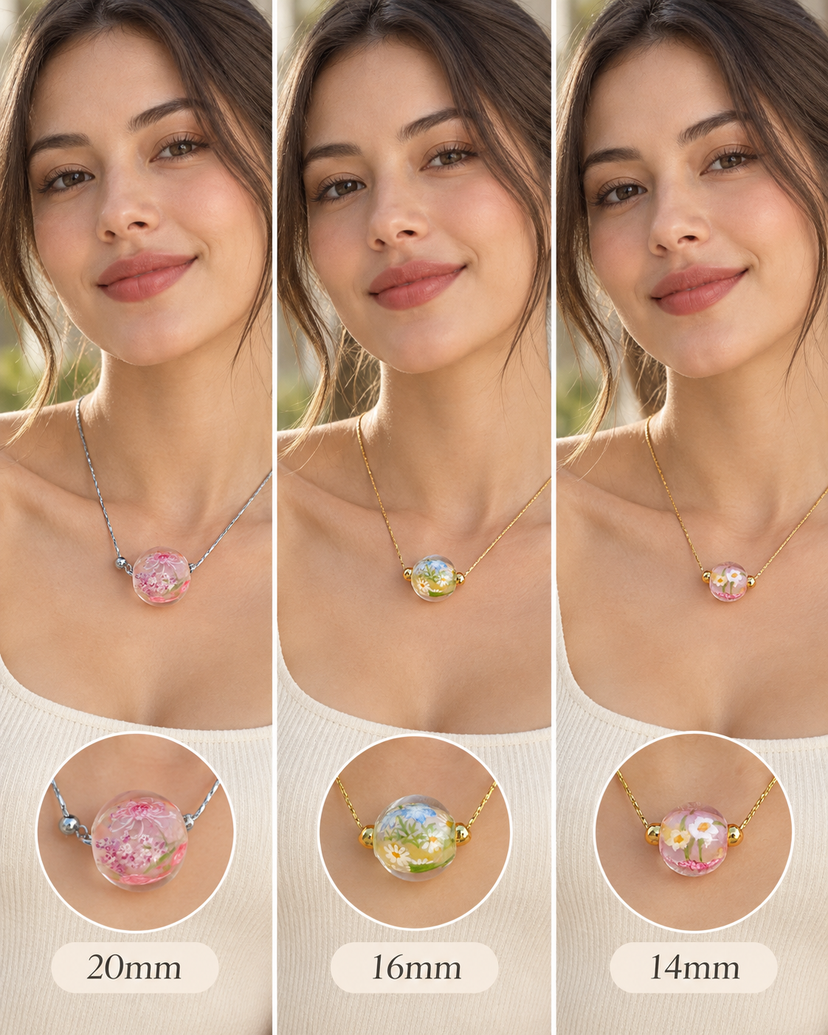 Birth flower necklaces worn in 20mm, 16mm and 14mm bead sizes.