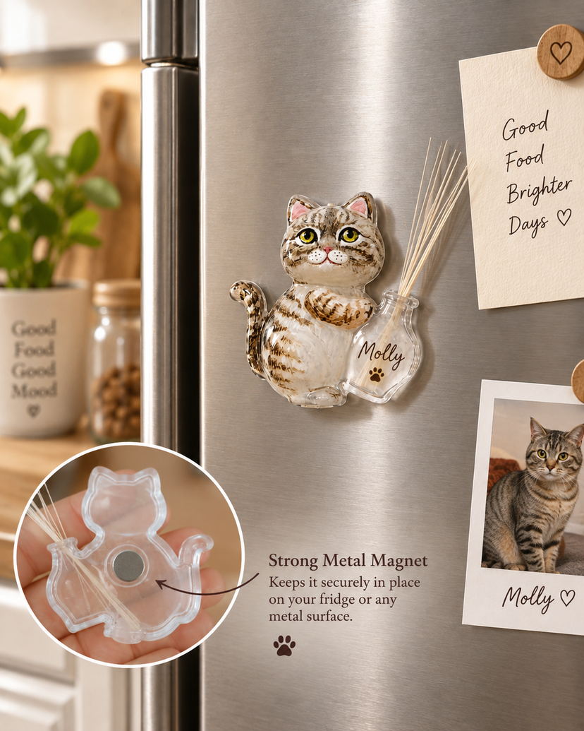 Acrylic cat portrait keepsake magnet displayed on a refrigerator