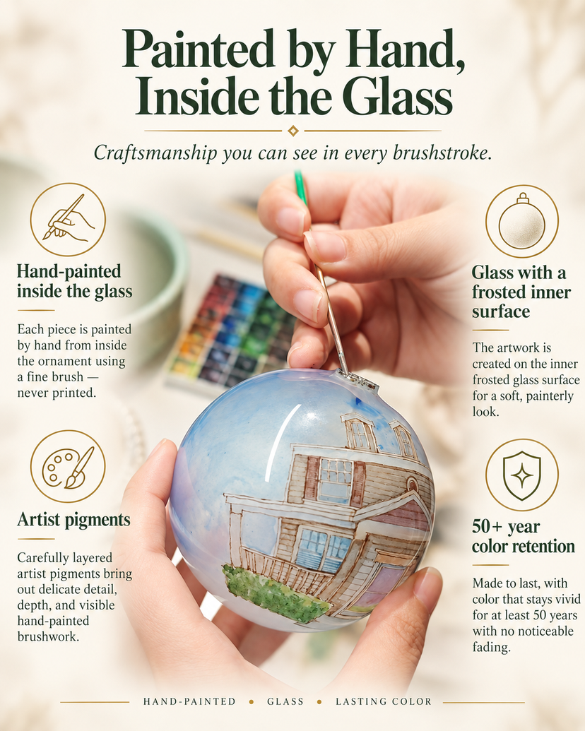 House portrait painted by hand from inside the glass ornament