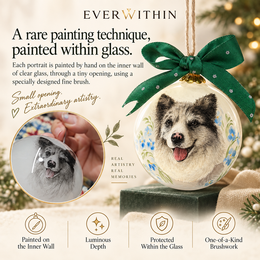 Pet portrait painted by hand from inside a glass ornament
