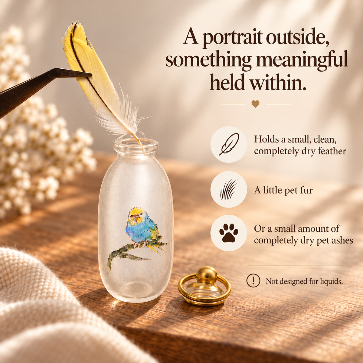 Open bird portrait glass keepsake with its cap removed and a feather above the opening