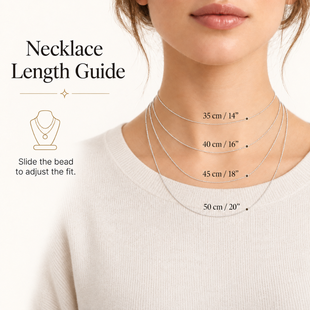 Necklace length examples at 35, 40, 45 and 50cm on a model