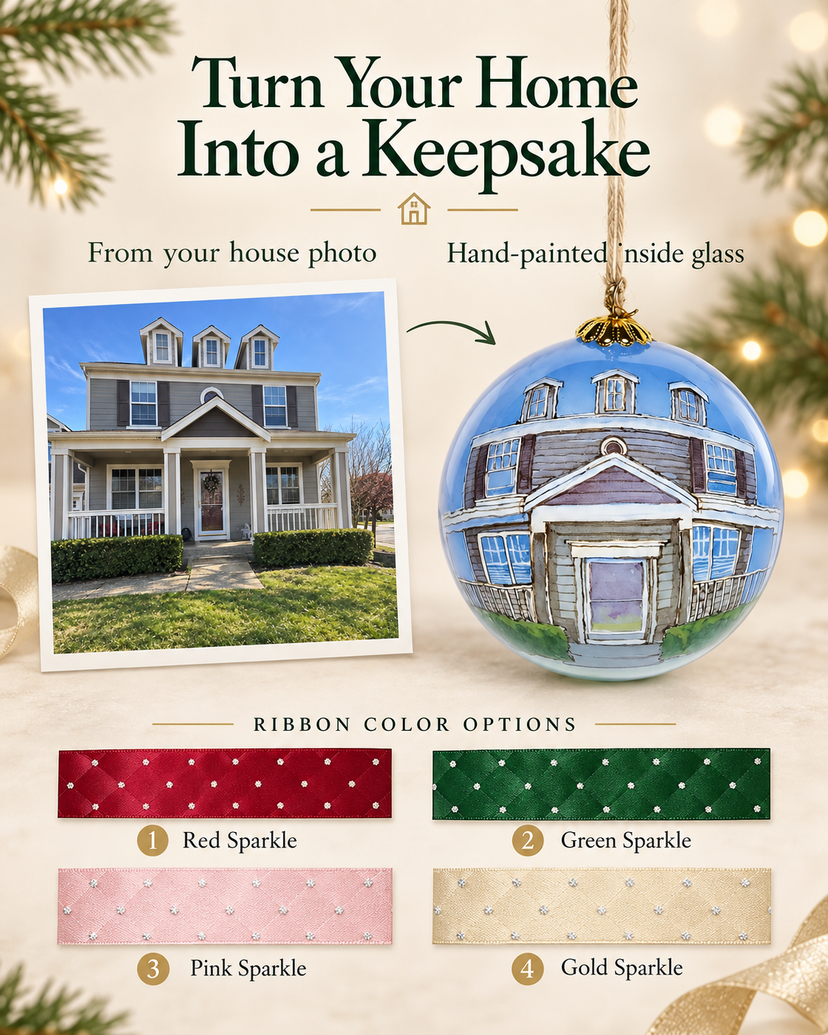 House reference photo beside its finished inside-painted glass ornament and four ribbon options