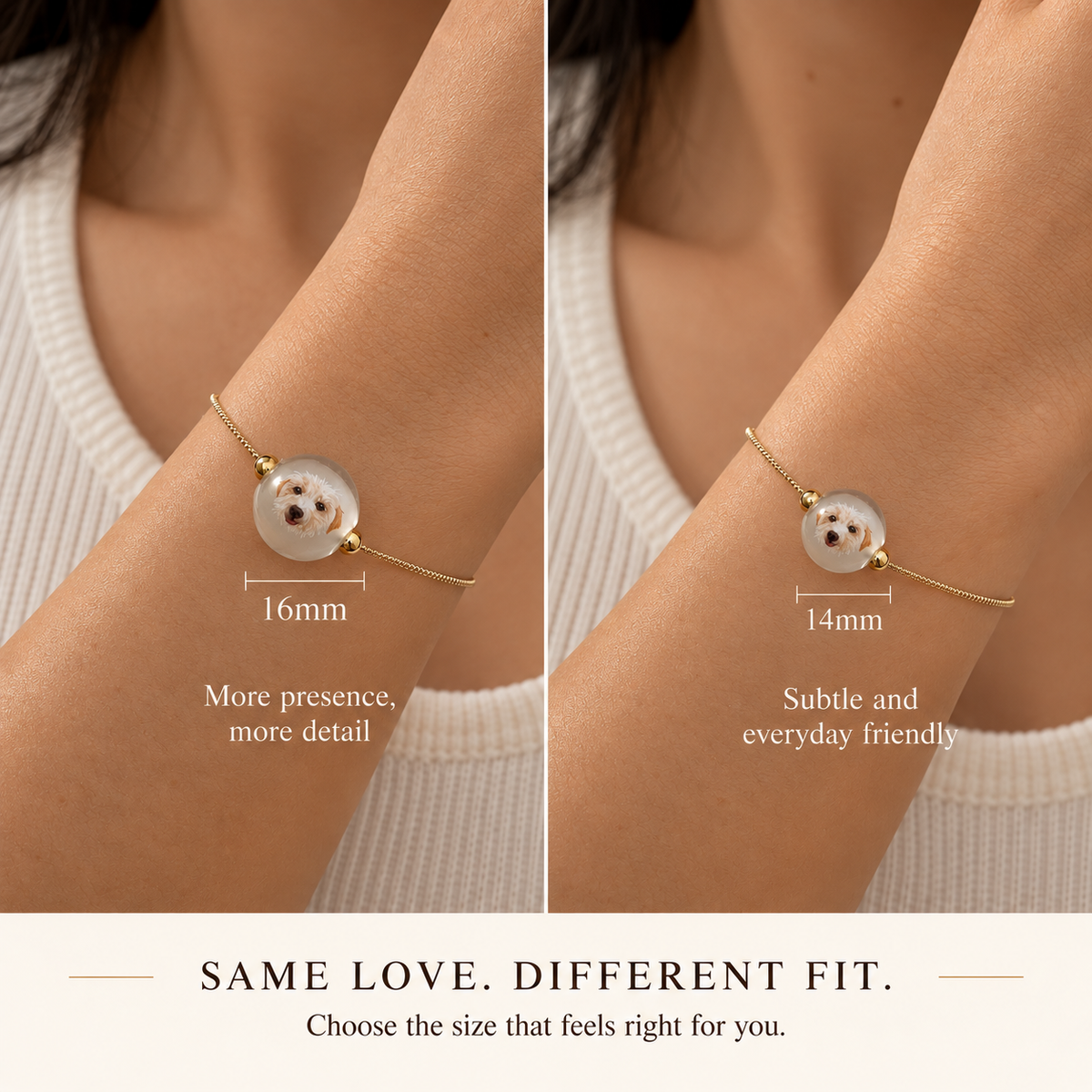 Side-by-side 16mm and 14mm pet portrait bracelets on a wrist