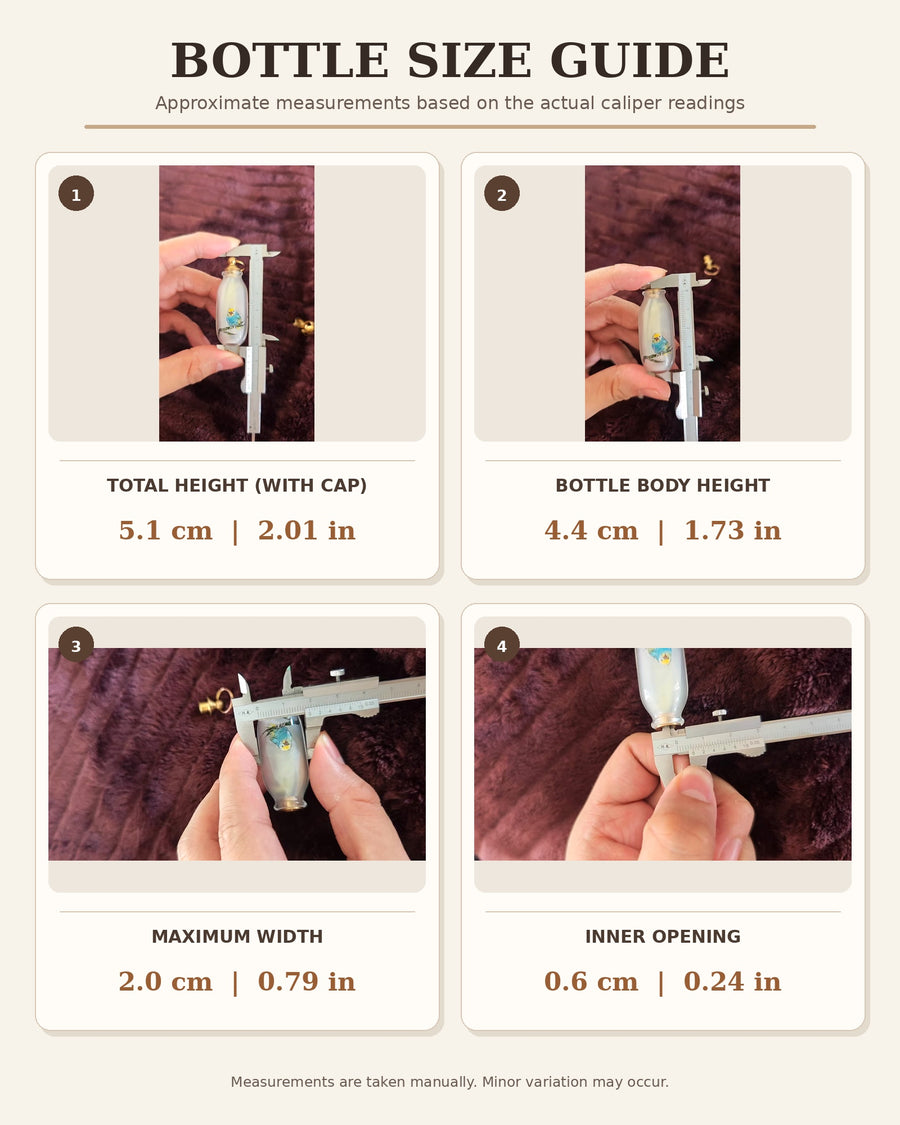 Bottle size guide showing height, width, and opening measurements for the feather and fur keepsake