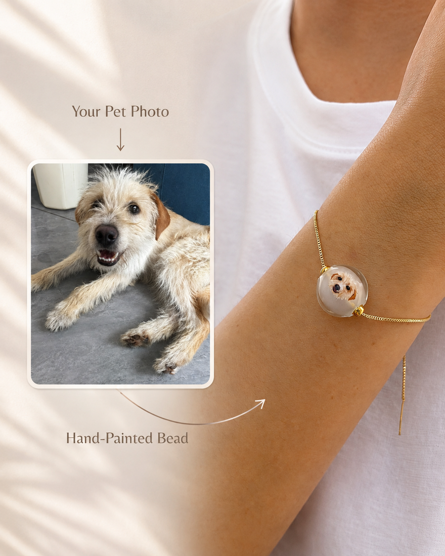 Reference photo beside a finished custom dog portrait bracelet worn by a model