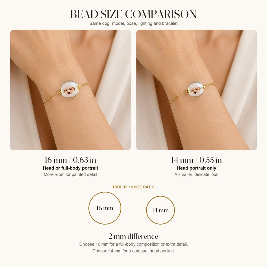 Comparison of 16mm and 14mm custom pet portrait bracelet bead sizes on a wrist