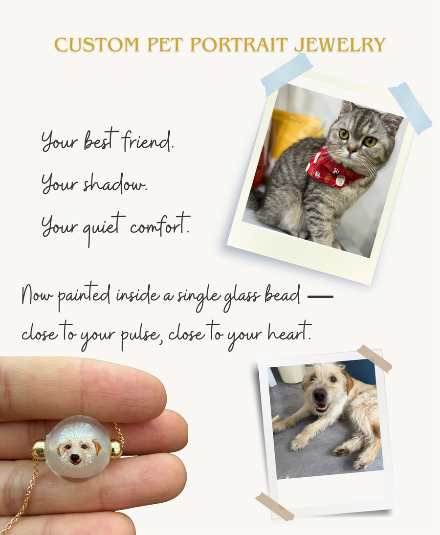 Custom pet portrait jewelry story showing pet photos and a finished hand-painted glass bead