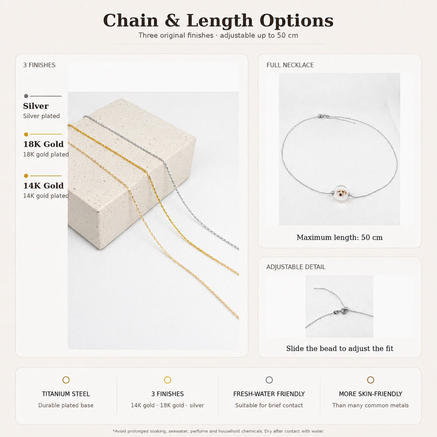 Adjustable 50cm necklace chain with silver, 18K gold plated, and 14K gold plated finish options