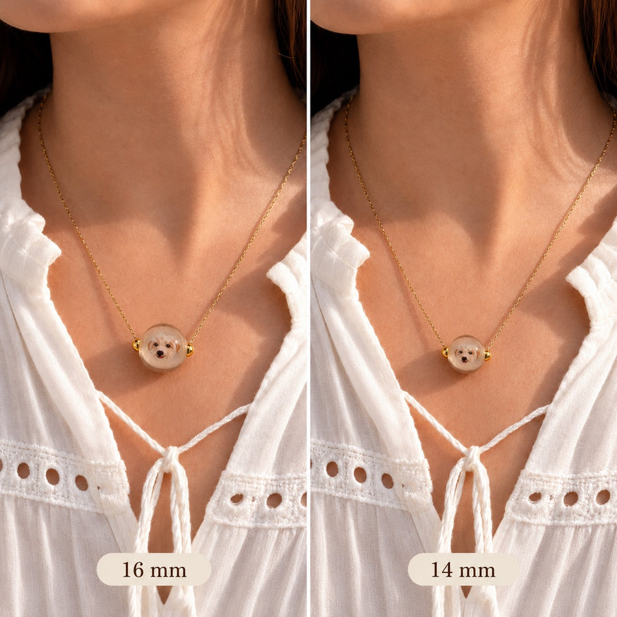 Side-by-side comparison of 16mm and 14mm custom pet portrait necklace beads worn by the same model