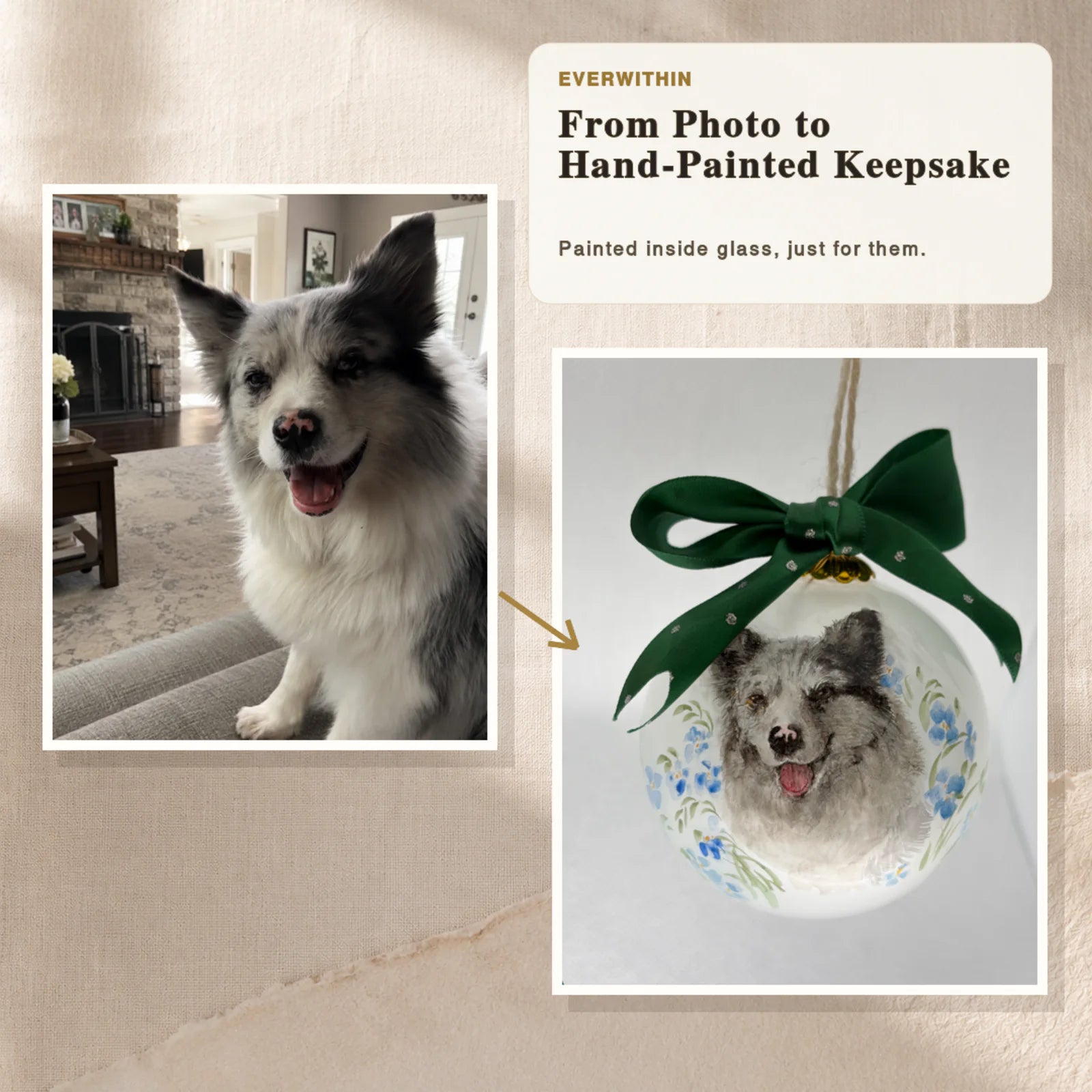 Pet reference photo beside the completed hand-painted custom glass ornament