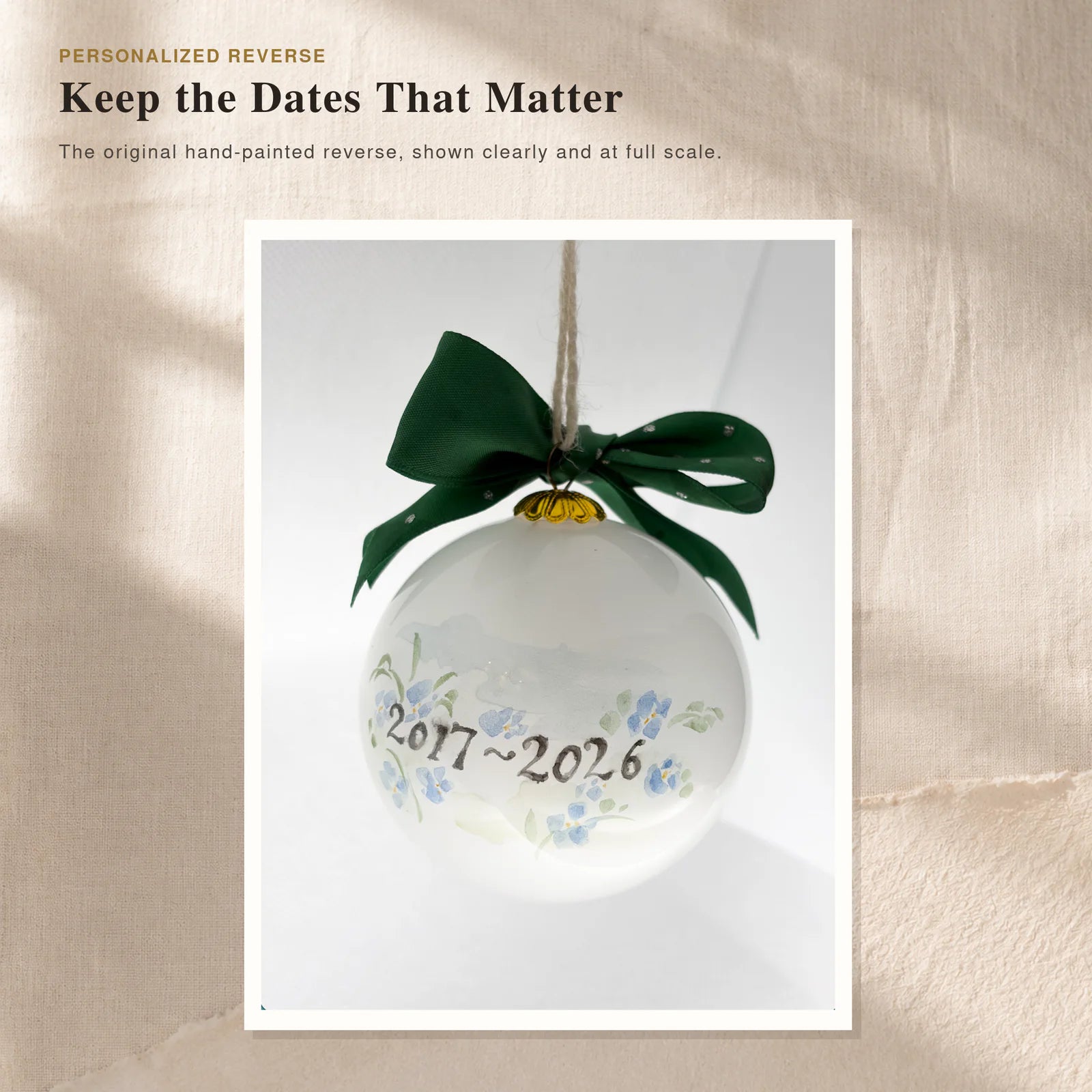 Personalized reverse of a custom pet portrait ornament with names and dates
