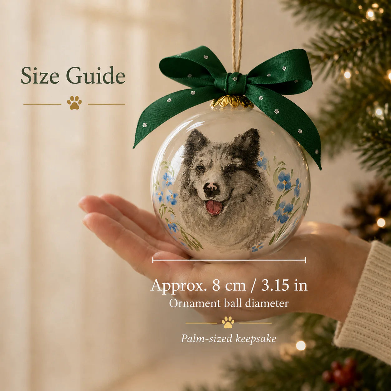 Size guide for the 8cm custom pet portrait glass ornament