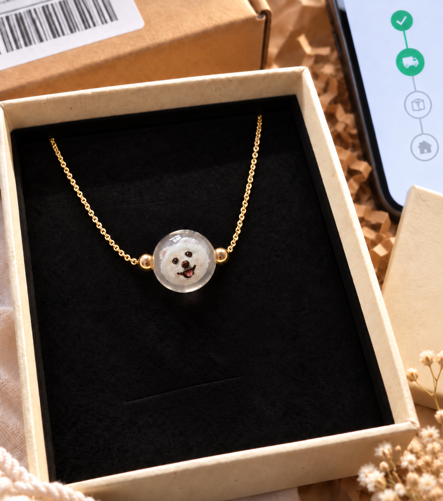 Finished custom pet portrait necklace prepared for tracked delivery