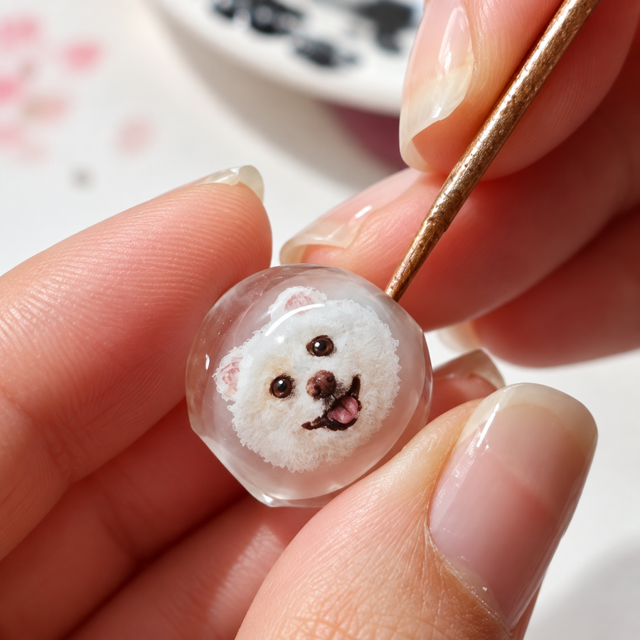 Pet portrait being painted by hand from inside a glass bead