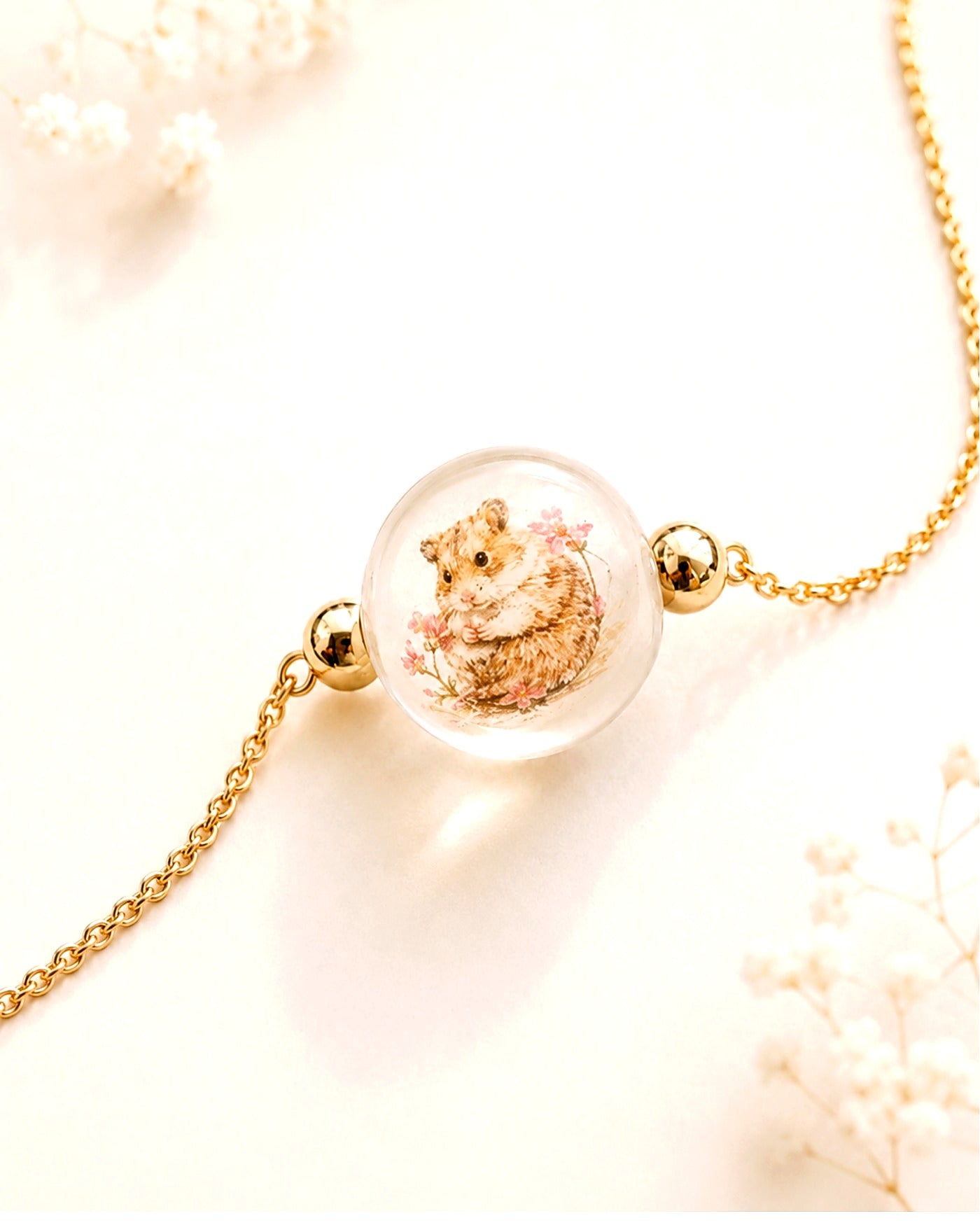 Hamster portrait painted inside a custom glass necklace bead with floral details
