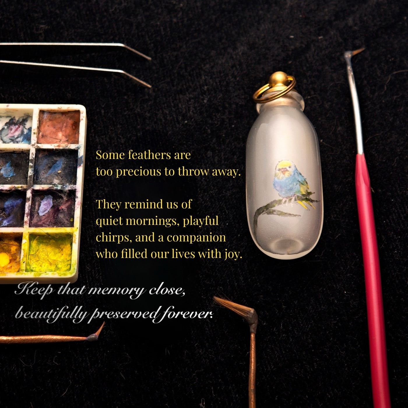 EVERWITHIN feather keepsake with a bird portrait painted inside glass