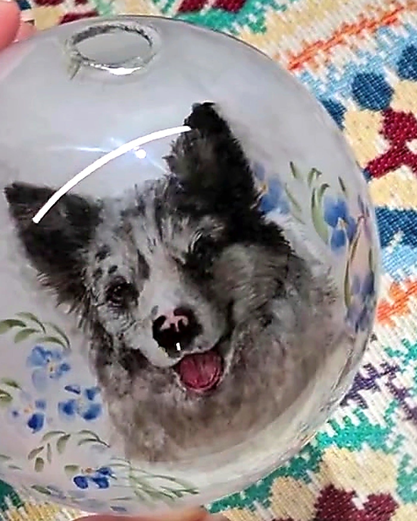 Finished custom pet portrait glass ornament painted from the inside